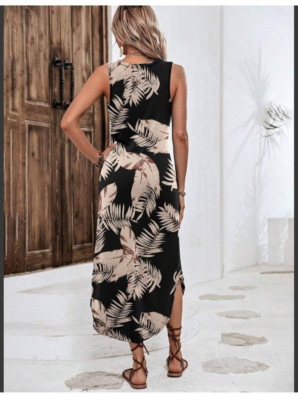 Women's Leaf Black Summer Dress Casual Long Dress Split Curve Hem Dress Floral - Picture 2 of 6